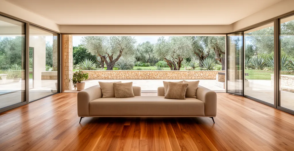 Salon spacieux avec grandes baies vitrées donnant sur jardin méditerranéen