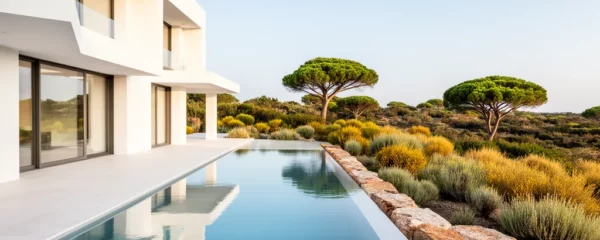 Villa contemporaine blanche avec piscine à débordement dans un jardin méditerranéen