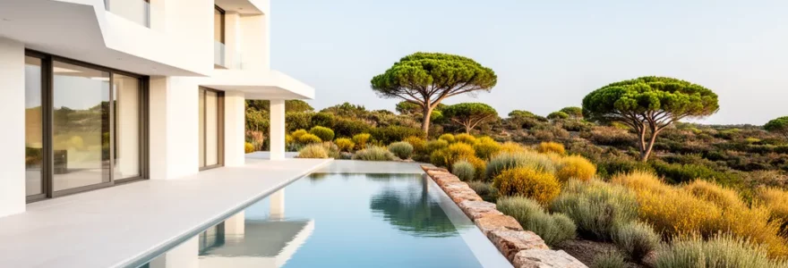 Villa contemporaine blanche avec piscine à débordement dans un jardin méditerranéen