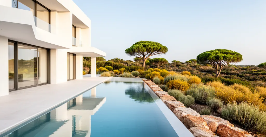 Villa contemporaine blanche avec piscine à débordement dans un jardin méditerranéen