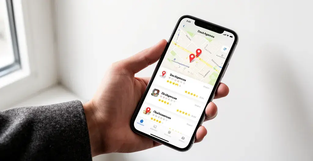 Interface mobile de comparaison d'agences immobilières affichant notes et transactions