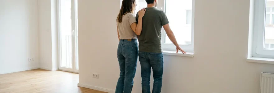 Couple primo-accédant visitant un appartement lumineux avec vue sur fenêtre