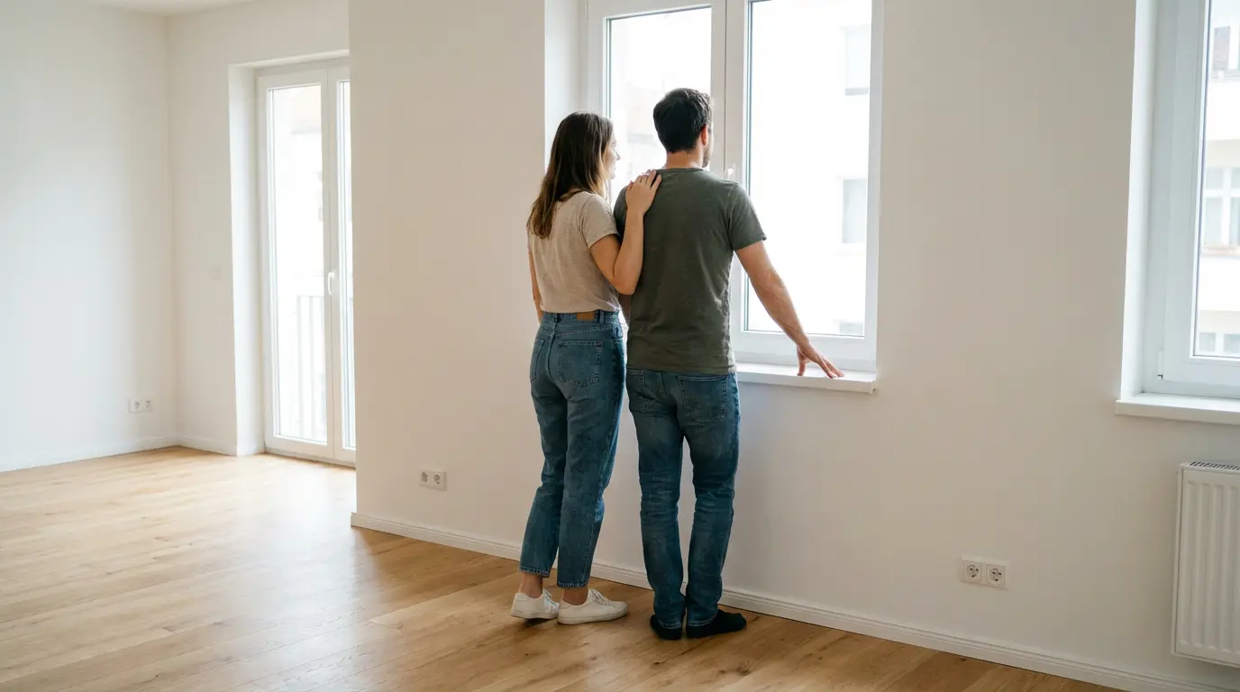 Couple primo-accédant visitant un appartement lumineux avec vue sur fenêtre