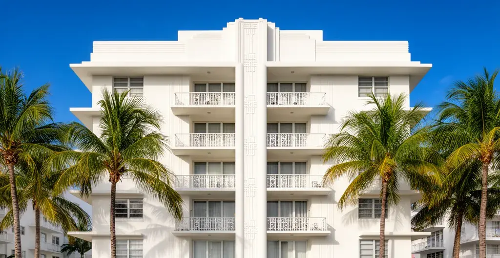 Façade immeuble résidentiel style Art Deco à Miami avec palmiers