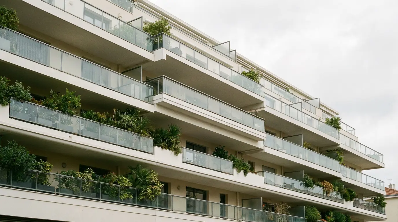 Résidence neuve contemporaine avec balcons et végétation secteur Montpellier