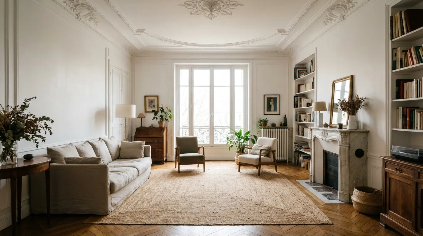 Salon appartement ancien rénové avec parquet et moulures secteur Montpellier