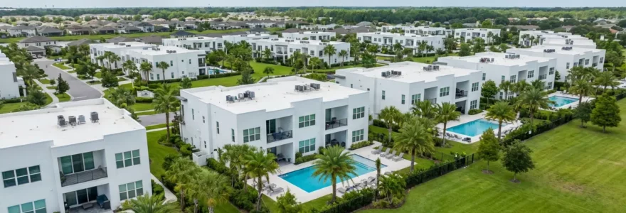 Quartier résidentiel avec condominiums modernes en Floride, piscines et palmiers