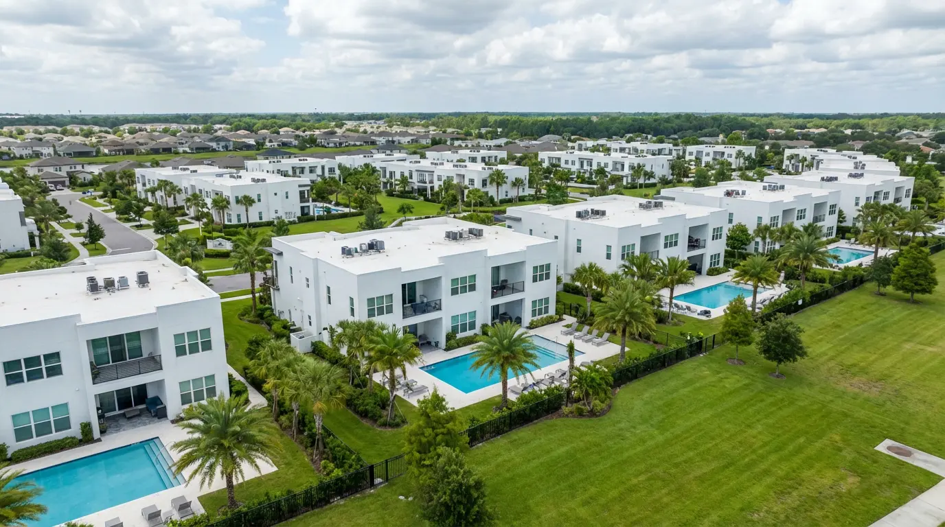 Quartier résidentiel avec condominiums modernes en Floride, piscines et palmiers