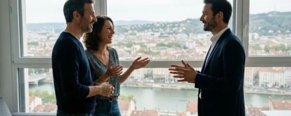 Agent immobilier présentant un appartement à un couple d'acheteurs à Lyon