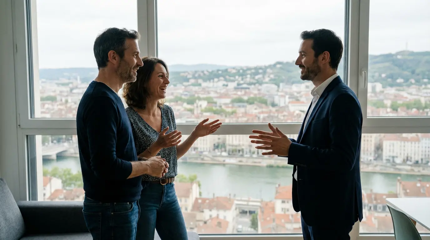 Agent immobilier présentant un appartement à un couple d'acheteurs à Lyon