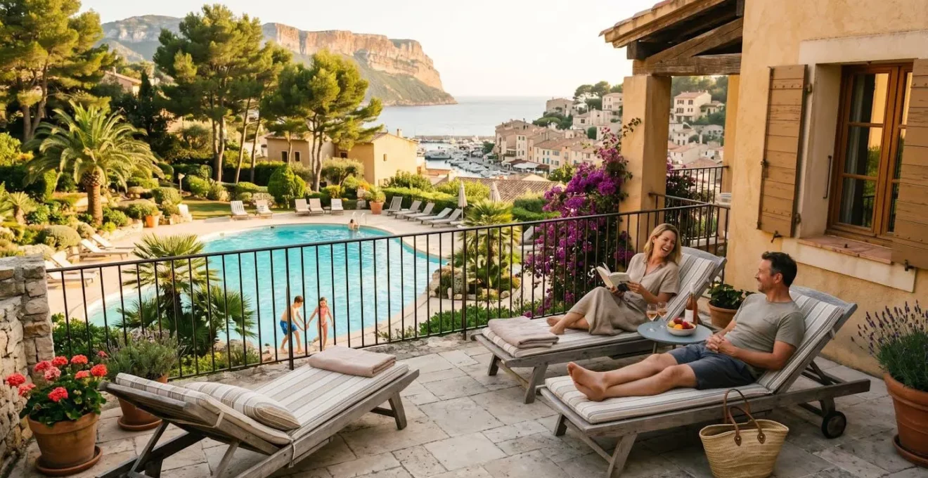 Terrasse d'un appartement de vacances avec vue sur la piscine de résidence et végétation méditerranéenne au Cap d'Agde