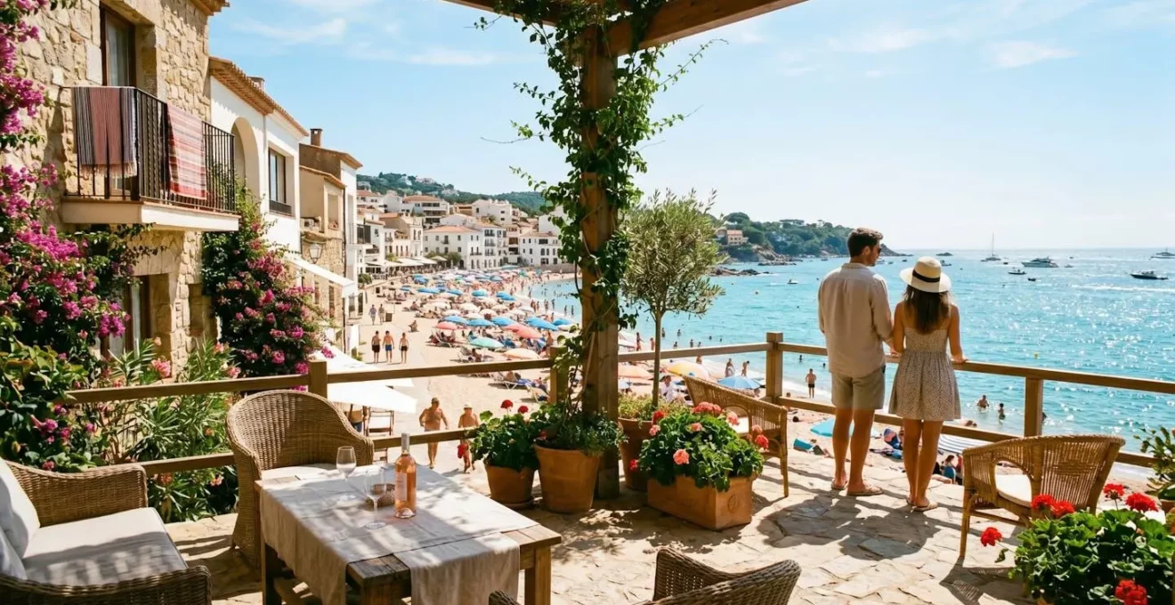 Vue depuis une terrasse d'une résidence en front de mer au Cap d'Agde avec la plage et la mer Méditerranée en arrière-plan