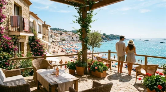 Vue depuis une terrasse d'une résidence en front de mer au Cap d'Agde avec la plage et la mer Méditerranée en arrière-plan