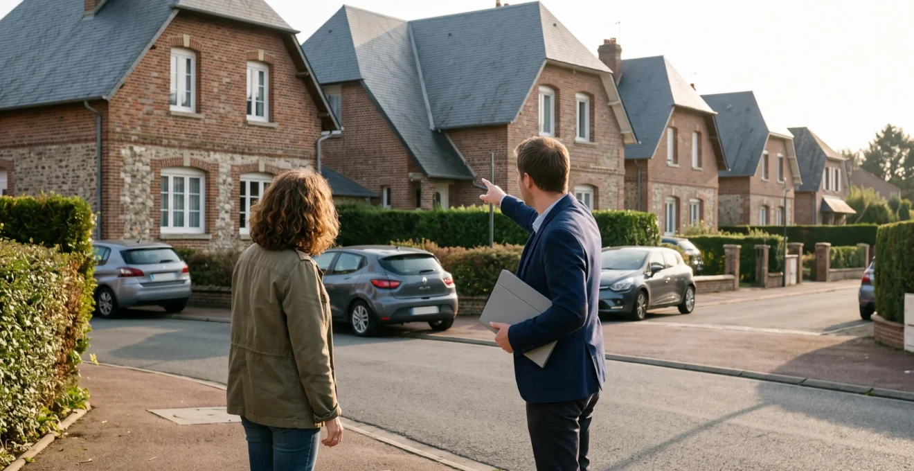 Un agent immobilier et un client observent des pavillons en briques depuis le trottoir d'un quartier résidentiel.