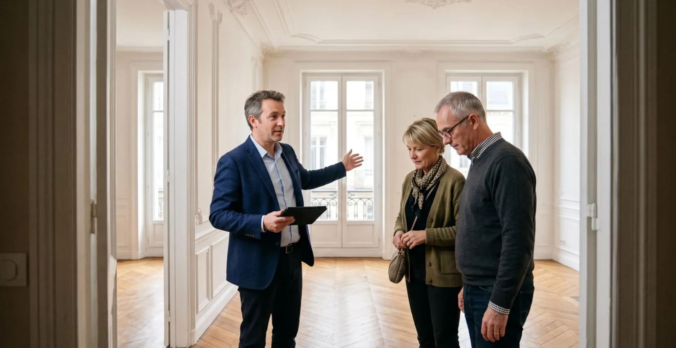 Un agent immobilier fait visiter un appartement avec du parquet en point de Hongrie à un couple, dans un quartier résidentiel de Bordeaux.