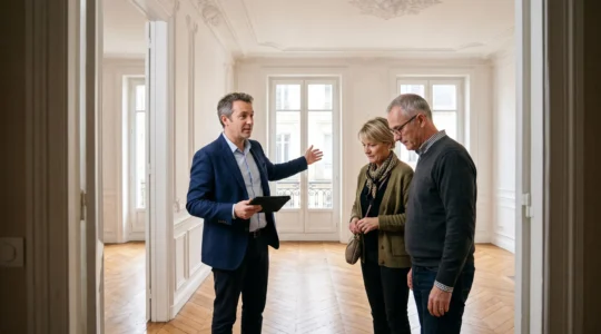 Un agent immobilier fait visiter un appartement avec du parquet en point de Hongrie à un couple, dans un quartier résidentiel de Bordeaux.