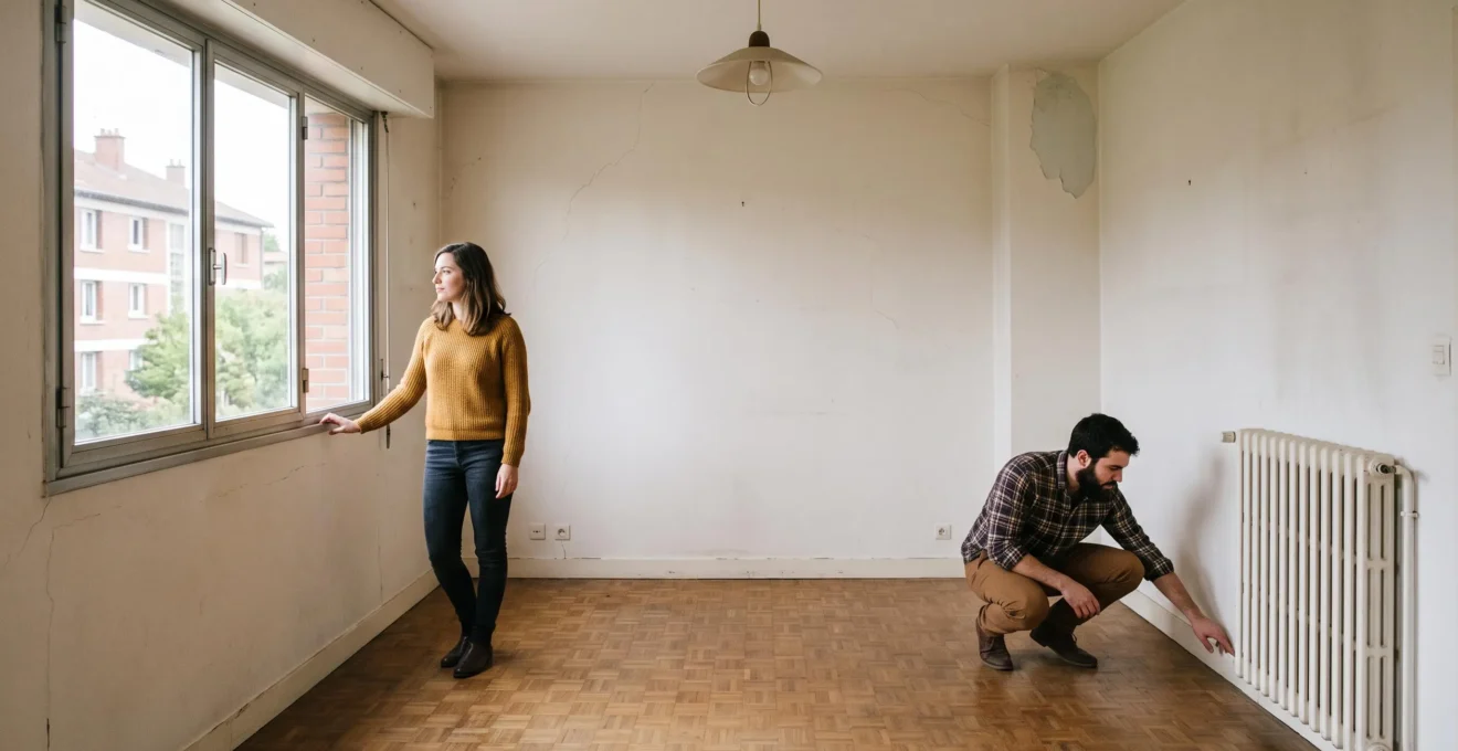 Un couple examine les murs et la lumière d'un appartement vide lors d'une visite d'achat.