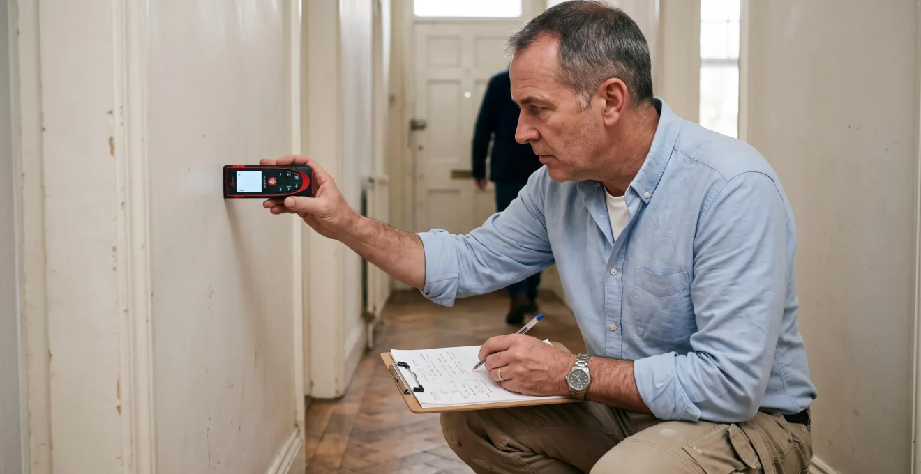 Un expert immobilier accroupi mesure un mur avec un télémètre laser et prend des notes dans l'entrée d'un appartement.