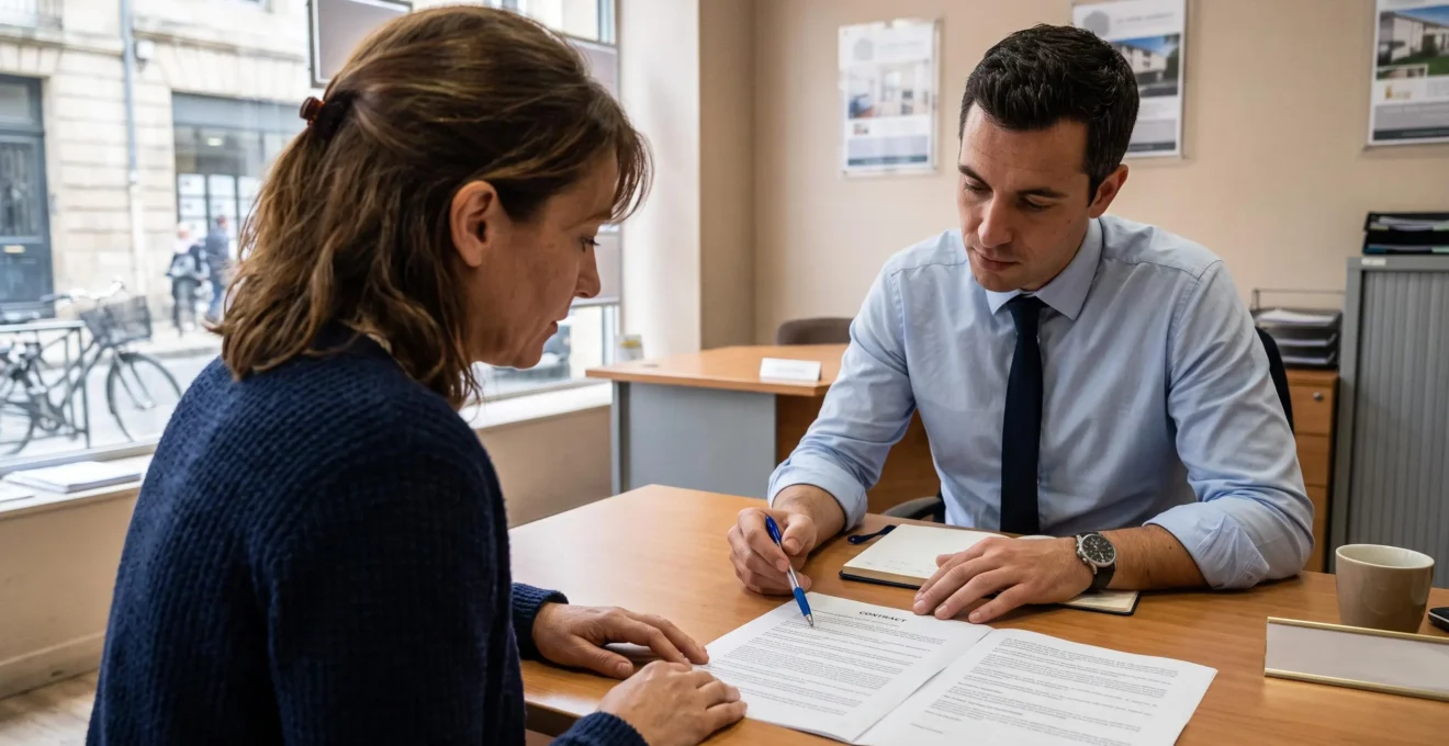 Une cliente lit un mandat de vente pointé par un agent immobilier assis en face d'elle, à une table en bois d'une agence.